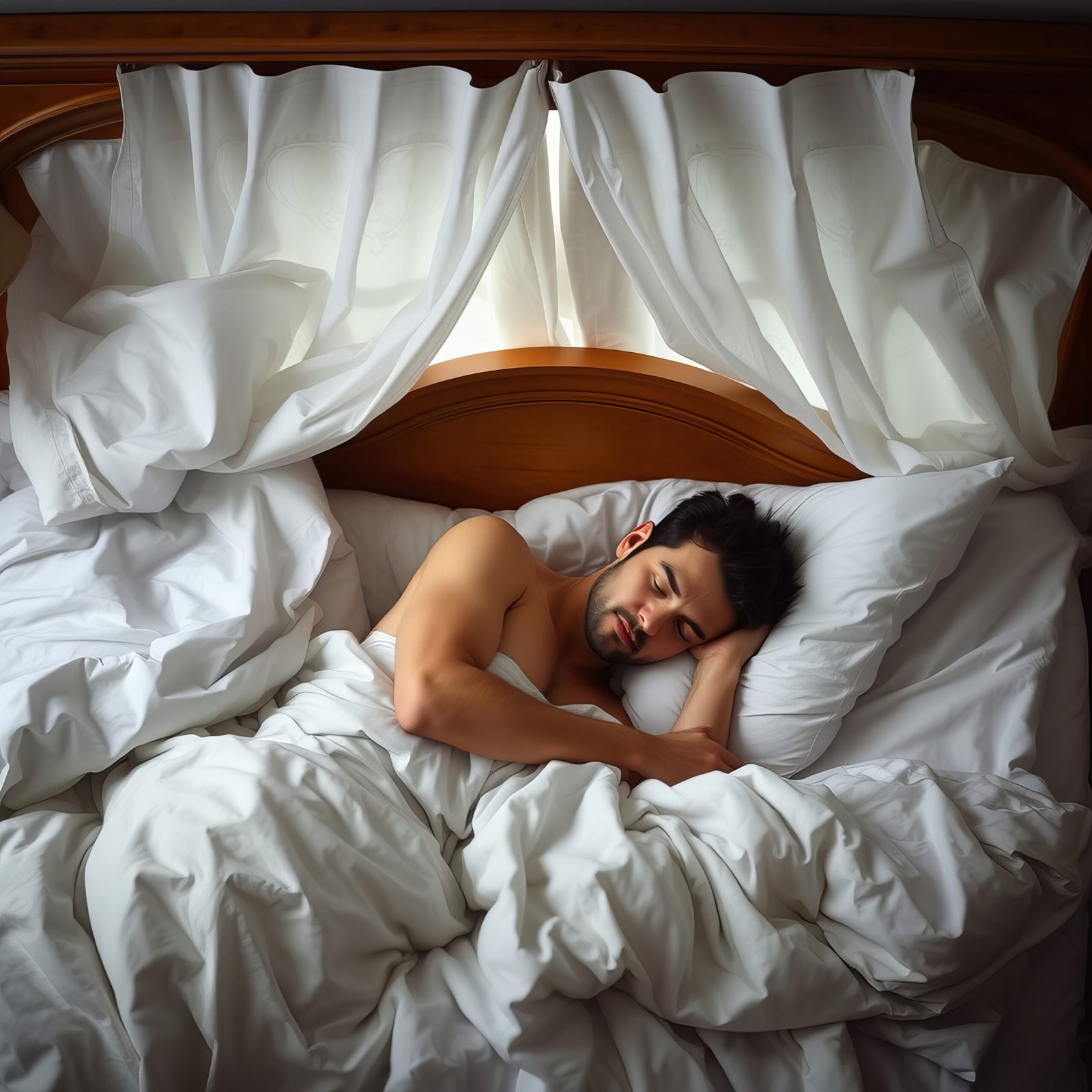 man is sleeping bed with white sheet it